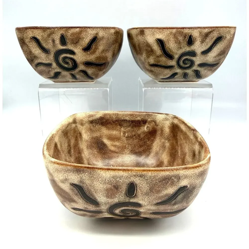 Mara Ceramic Stoneware Set of 3 Square Bowls Sunburst Swirl Design 6